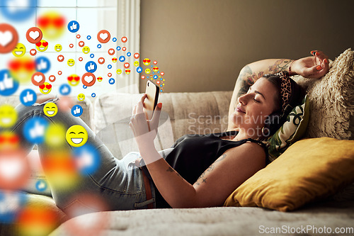 Image of Headphones, social media icon or girl with a phone for music, online dating or listening to a podcast. Like, happy overlay or relaxed woman on mobile app, network or streaming radio with heart emojis