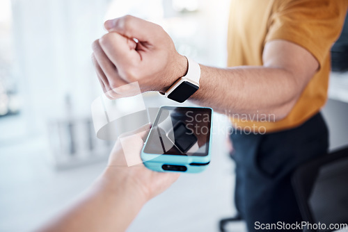 Image of Digital, payment and smart watch with hands of people for finance, online banking and cashless. Technology, connection and pov of customer and machine for contactless, transaction and connection