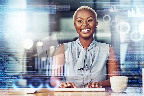 Image of Black woman, business and typing with chart overlay in portrait with smile, keyboard and financial analysis. African businesswoman, holographic dashboard and happy with fintech, graph and accounting