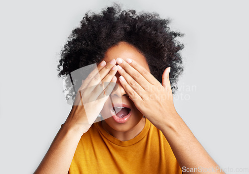 Image of Cover, shocked and hands on face of woman in studio for surprise, horror and fear. Wow, announcement and danger with female hiding on white background mockup for scared, alert and notification