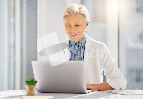 Image of Laptop, smile and senior business woman in office excited for research, idea and mission plan. Online, project and happy elderly female manager cheerful while typing, browsing and planning proposal