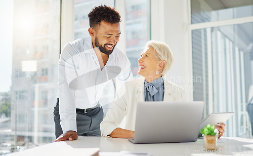 Image of Office, laptop and business people laughing at funny partnership joke, online review or customer experience feedback. Comedy, diversity and collaboration team work on communication research report