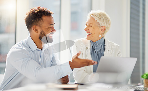 Image of Happy, office laptop and people laugh at funny cooperation joke, advertising plan or sales trend insight. Comedy, diversity colleagues and collaboration team work on statistics, data or analytics