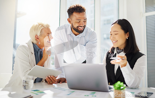 Image of Diversity, laptop and business people laugh, happy and review online chart, graphs or company progress insight. Funny joke, colleagues and group team work analysis of statistics, data or analytics