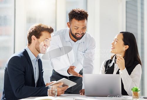 Image of Collaboration, laptop and happy business people discussion, conversation and planning development project. Diversity staff, workplace communication and professional team working on ecommerce research