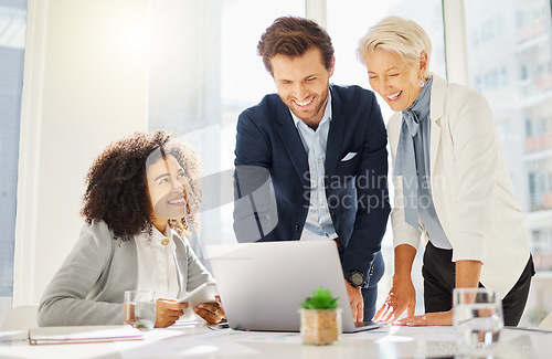 Image of Laptop, laughing and happy business people smile for office achievement, KPI report or brand development progress. Teamwork, online information and corporate team excited for company growth success