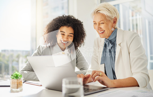 Image of Office laptop, happy diversity people and mentor training onboarding woman on company system, software or work. Collaboration, team and senior business person working, teaching and coaching trainee