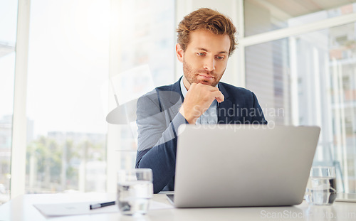 Image of Thinking, laptop and business man in office for focus, research and planning. Communication, technology and internet with male employee contemplating for website, project idea and connection