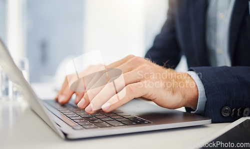 Image of Laptop, closeup and hands of business man in office for research, planning and email. Website, online report and technology with closeup of male employee typing for idea, internet and digital