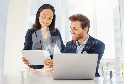 Image of Tablet, computer and business people or manager support, teamwork and management for online tech company. Meeting, happy and corporate woman with boss or colleague on digital software and laptop