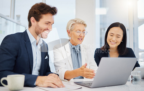 Image of Laptop, happy and business people reading online research article, positive progress report or company innovation plan. Workplace, strategy success and diversity staff happiness for revenue growth