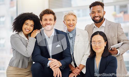 Image of Corporate, happy and portrait of business people in office with confidence, pride and motivation. Teamwork, diversity and group of men and women with smile for success, company mission and happiness