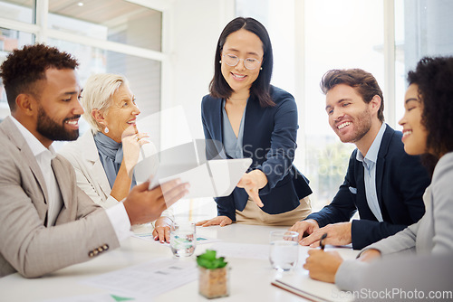 Image of Teamwork, document and business people in a meeting in the office planning a corporate proposal. Collaboration, paperwork and professional team in discussion working on project together in workplace.