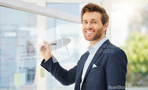 Image of Board, happy office portrait and man writing project plan, corporate innovation or planning business development. Brainstorming, information and professional person smile for startup entrepreneurship