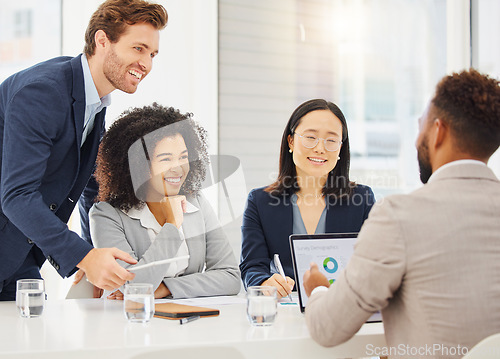 Image of Diversity group, laptop and happy people, office team or colleagues working on finance banking, fintech or financial statistics. Smile, online insight and staff teamwork on workplace efficiency data