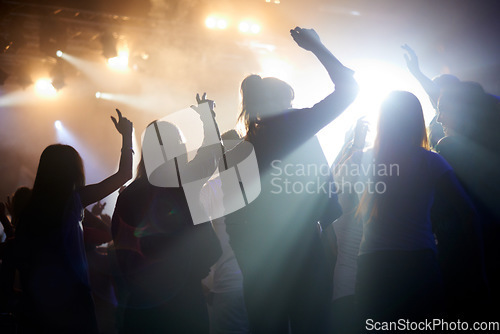 Image of Dance, silhouette of people at music festival from back, lights and energy at live concert event. Dancing, fun and group of excited fans in arena at rock band performance or friends at party together