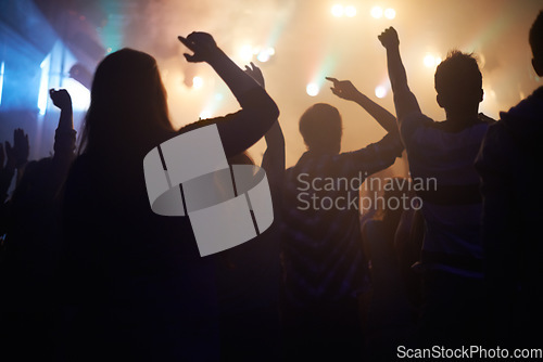 Image of Lights, energy and people dancing at music festival from back, night and silhouette at live concert event. Dance, fun and group of excited fans in arena at rock band performance or crowd at party.