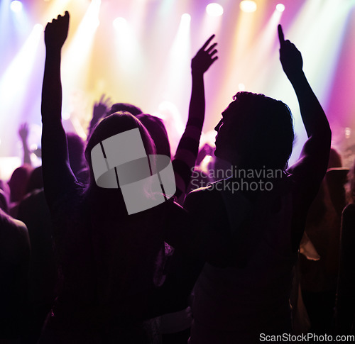 Image of Fans in silhouette at music festival, hands in air and neon lights with energy at live concert event. Dance, fun and group of excited people in arena at rock band performance or back of crowd at show