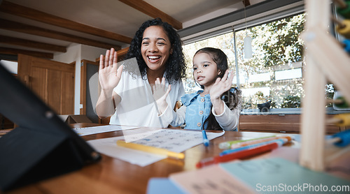 Image of Online education, digital tablet and hello by mother and child in living room for remote learning, homeschool or lesson. Virtual class, wave and girl with mom at home for elearning or development