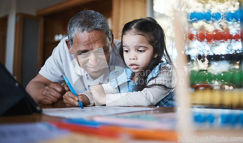 Image of Learning, drawing and grandfather with girl in home for studying, homeschool and homework. Education, child and happy grandpa teaching kid, knowledge and art, writing and bonding in house with care.