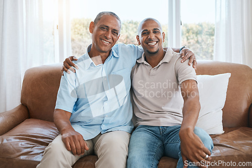 Image of Portrait, senior man and happy son on living room sofa or happiness, retirement and family together on home couch. Elderly father, young guy and quality time on summer weekend, holiday or vacation