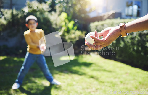 Image of Hand, baseball and person playing with child on bokeh or .parent and kid on grass field for training. Softball game, outdoor sport and hand ready for throw or pitch to young athlete on sunny day.