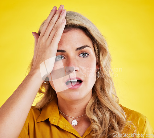 Image of Shock, thinking and face of a woman with a mistake isolated on a yellow background in a studio. Wow, problem and a girl looking thoughtful about bad news, work surprise or job fail with a gesture