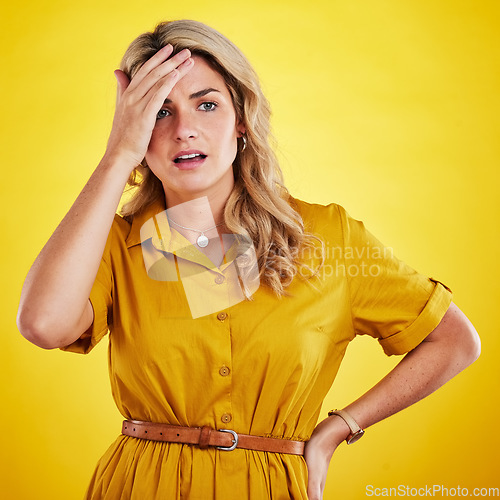 Image of Stress, health and woman with a headache, pain and fatigue with lady against a studio background. Female person, model and girl with a migraine, depression and exhausted with burnout and anxiety