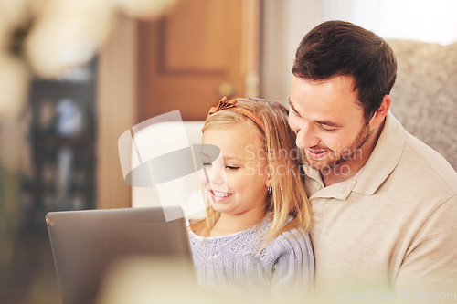 Image of Tablet, dad and child learning on a kids education app on a living room sofa at home. Parent love, digital support and care from father and young girl looking at a cartoon and educational video