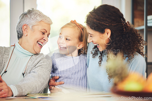 Image of Grandmother, girl and mother laughing in home, playing and bonding together. Grandma, mama and happy child laugh at funny joke, humor or comic comedy, having fun and enjoying family time with care.