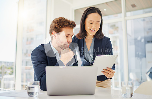 Image of Tablet, teamwork and business people on laptop for support, planning and management at online, tech company. Meeting, happy and corporate woman with boss or colleague on digital software and computer