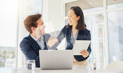 Image of Business people, tablet and planning, teamwork or management for job workflow at online, tech company. Meeting, happy and corporate woman with manager or colleague on digital software and computer