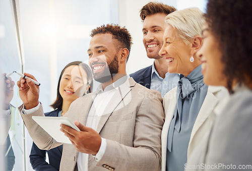 Image of Writing, tablet and business people on glass board for planning, teamwork and workflow management. Diversity, happy and employees or woman with manager on digital technology and group brainstorming