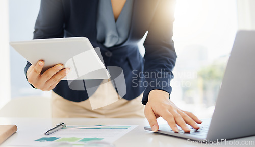 Image of Tablet, research and laptop with hands of woman in office for planning, online report or email. Technology, communication and connection with closeup of female employee for corporate, idea and review