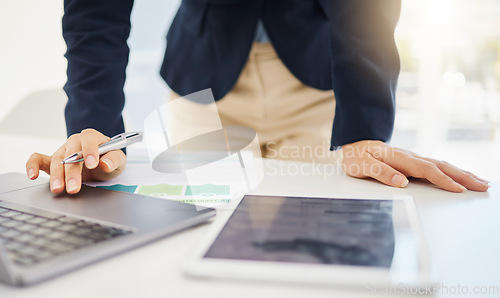 Image of Tablet, laptop and businessman working in the office planning corporate project or proposal. Technology, professional and closeup of male employee doing research with computer and mobile in workplace