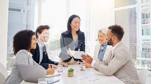 Image of Discussion, tablet and business people in a meeting in the office planning a corporate proposal. Teamwork, tech and professional team in collaboration working on project with mobile in workplace