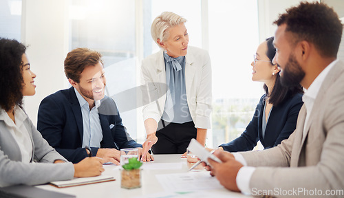 Image of Leader, business meeting and happy people teamwork, cooperation or collaboration on planning, ideas or agency work. Brainstorming group, diversity project and boardroom team working together on plan