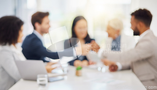 Image of Defocused office, business meeting and people teamwork, cooperation or collaboration on planning discussion. Blurred strategy group, coworking lawyers and workplace team consulting, talking or chat