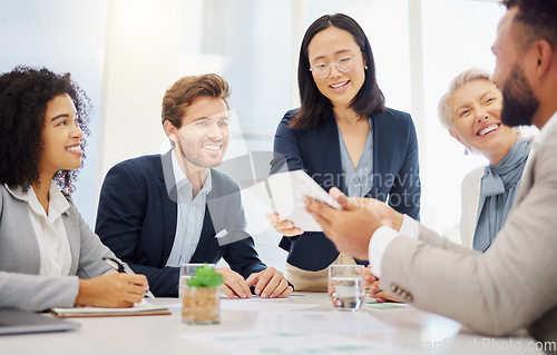 Image of Collaboration, discussion and business people with a tablet in a meeting in office planning a corporate proposal. Professional, tech and team working on company project together in the workplace.