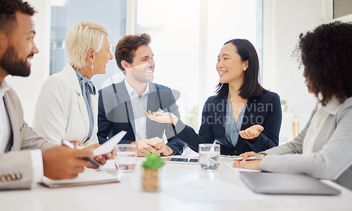 Image of Diversity, happy people and business meeting discussion, conversation or consultation for law firm planning strategy, Smile, happiness and boardroom team of lawyers working together on research plan