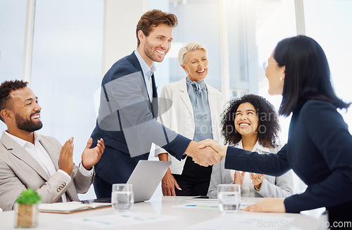 Image of Partnership, agreement and happy business people shaking hands for investment deal, b2b contract negotiation or acquisition. Human resources promotion, diversity and HR manager with hiring welcome