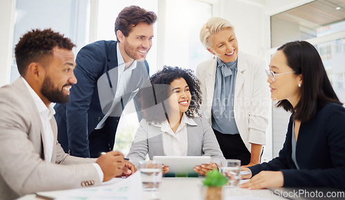 Image of Diversity, conversation and happy business people listening to investment proposal, corporate innovation plan or idea. Attention, support and research team, management group or asian person talking