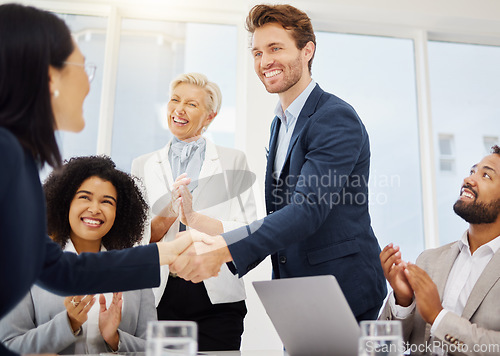 Image of Agreement, happiness and business people shaking hands for investment proposal success, b2b contract deal or merger. Employee promotion, celebration applause and HR manager with thank you handshake