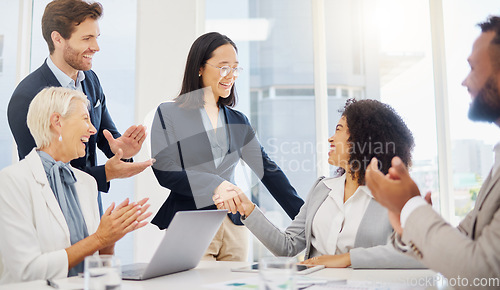 Image of Applause, office deal and happy people shake hand for job interview success, promotion or hiring welcome. Recruitment, diversity and team clapping, celebrate and excited for career success growth