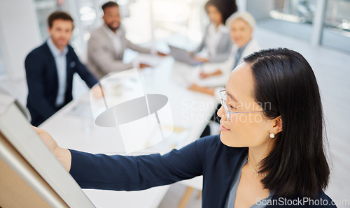 Image of Office meeting, whiteboard presentation and woman explain business development, brainstorming plan or investment strategy. Presenter speech, proposal or Asian person talking, speaking or present idea