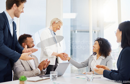 Image of Team celebration, happiness and business people handshake for job interview success, promotion or welcome. Senior manager, diversity and group applause, congratulations and well done achievement