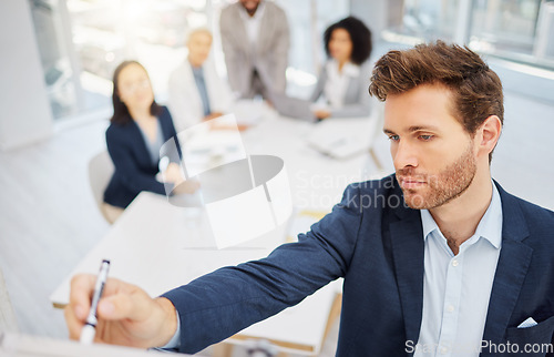 Image of Business report, presentation board and man writing, planning or working on company sales, advertising or brainstorming. Project, people listening or male person, leader or mentor coaching team