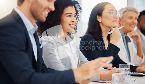 Image of Conference panel, happy woman and office team listen to boardroom speech, business idea or professional strategy. Presentation meeting, diversity audience and executive group attention to sales pitch