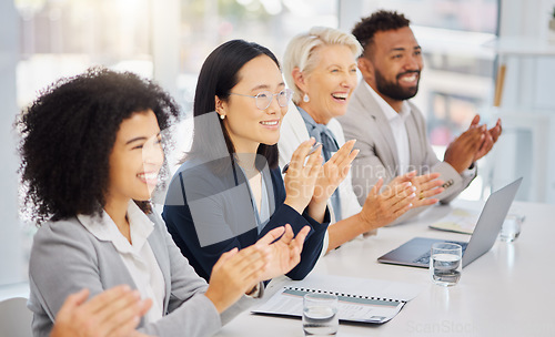 Image of Conference panel, smile and business people applause, congratulations and happy for presentation speech, success or achievement. Management, seminar event and diversity team clapping for company plan