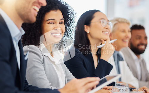 Image of Conference panel, portrait and happy woman, business audience or director smile for trade show, meeting or idea pitch. Female person, listening and row of boardroom people at presentation speech